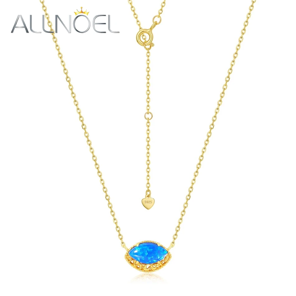 

ALLNOEL Solid 925 Sterling Sliver Pendant Necklace For Women Japanese Blue Opal Marquise Vintage Anniversary Gifts Fine Jewelry