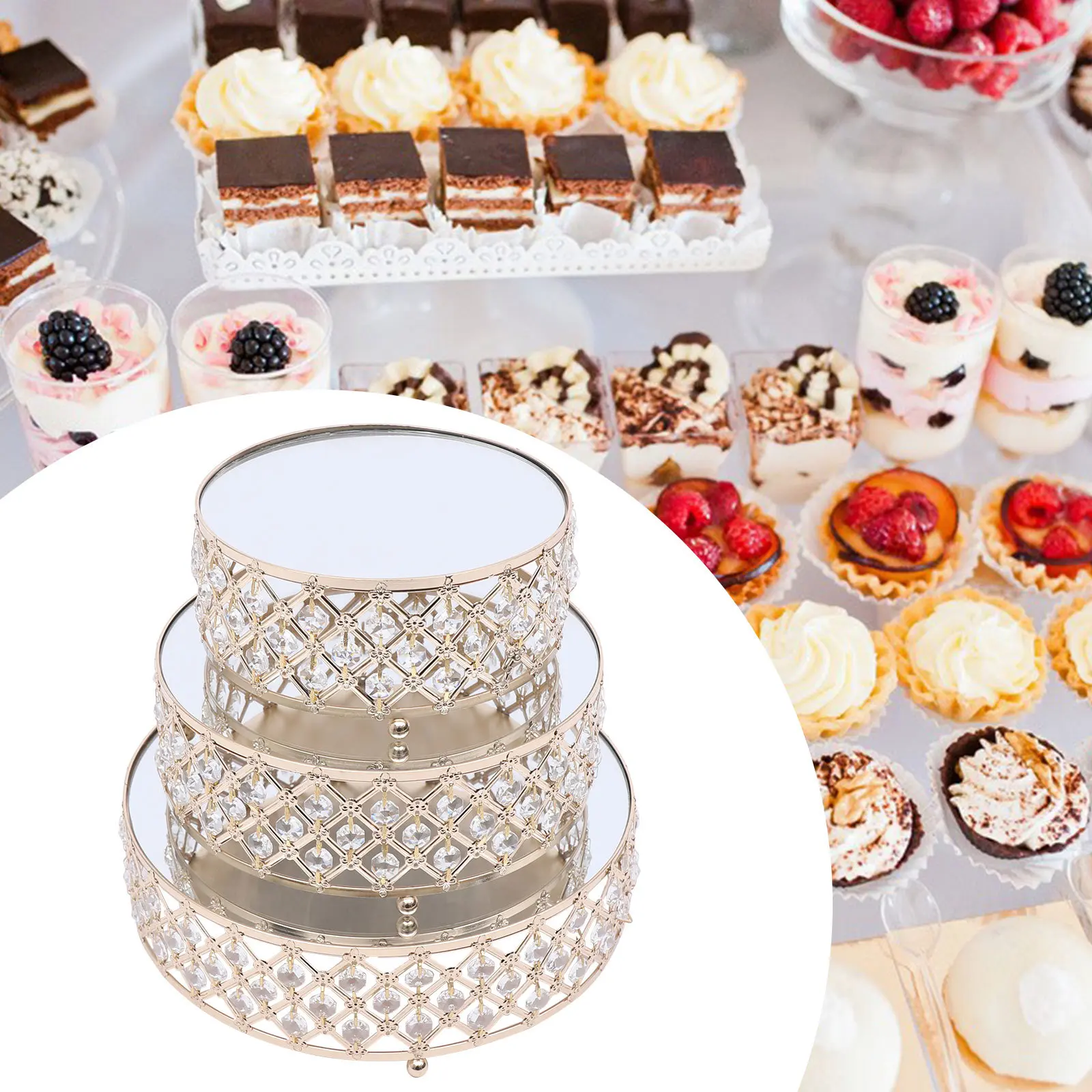 

3Pcs Gold Round Cupcake Tray Mirror Cake Stand Wedding Dessert Fruit Metal Holder for Birthday Party Afternoon Tea Anniversary