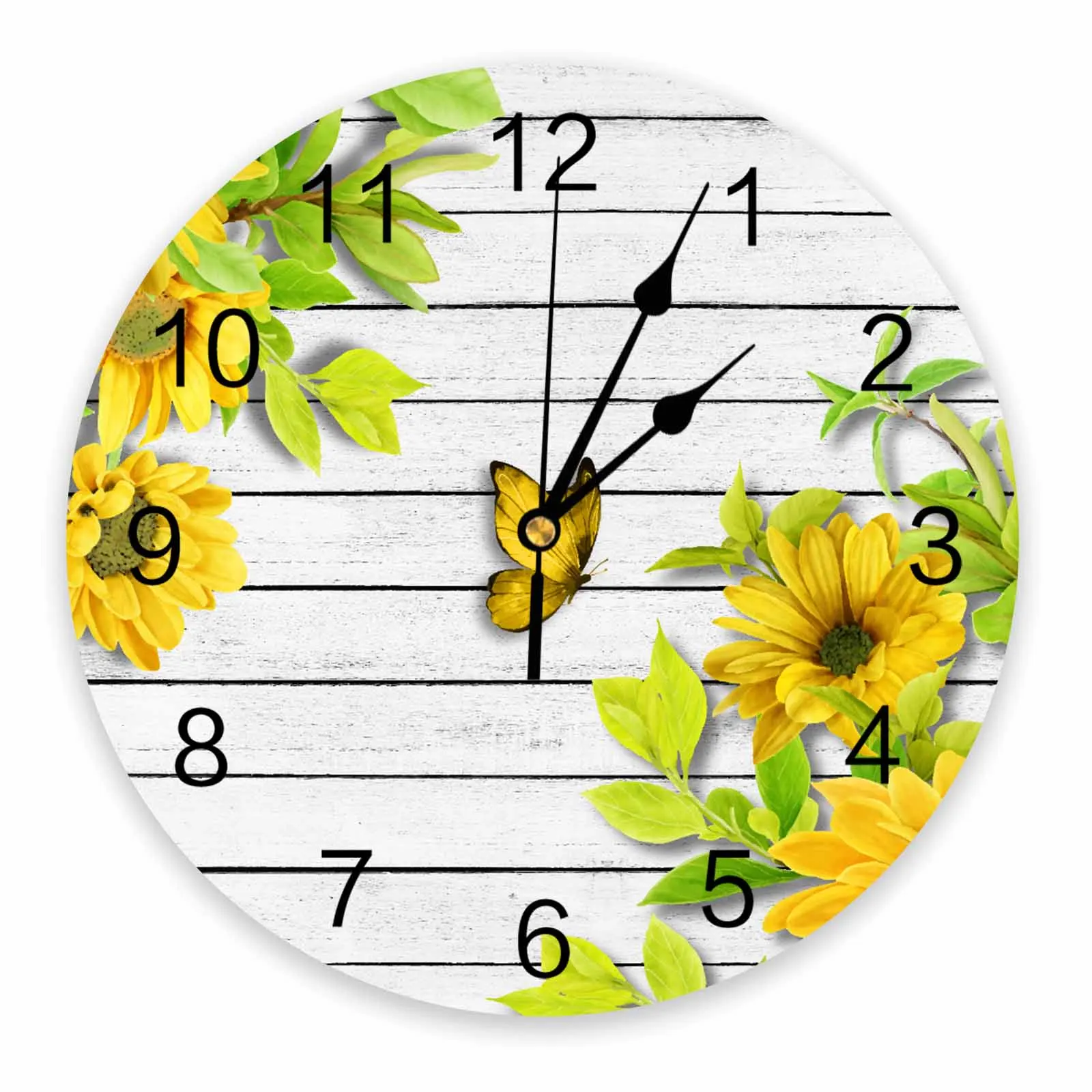 Woodboard Butterfly Plant Sunflower Flower Printed Wall Clock Modern Silent Clock Living Room Home Decor Wall Hanging Watch