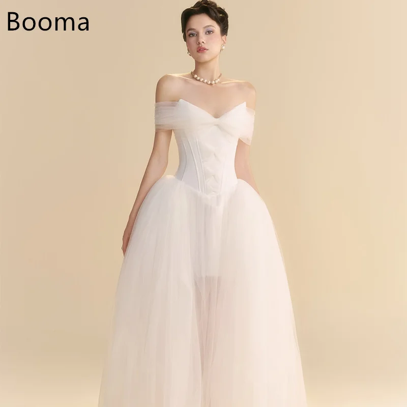 

Booma Simple Off The Shoulder A-Line Pleat Tulle Wedding Dresses Long Sleeveles Elegant Brides Gown Custom Made 2025