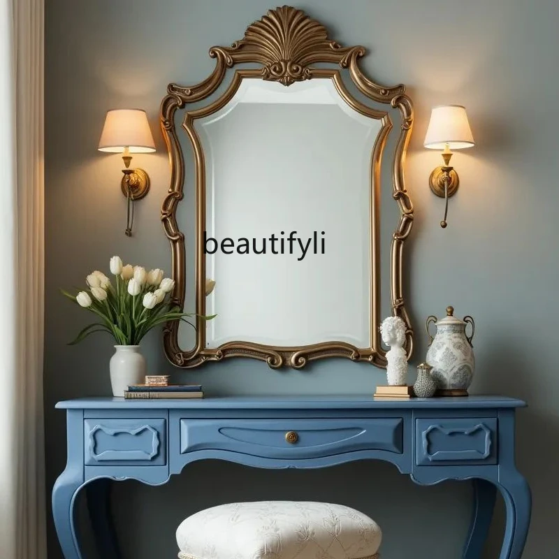 

Vintage Carved Makeup Mirror French Luxury Elegant Vanity Mirror Wall-Mounted Background Wall Decorative Mirror
