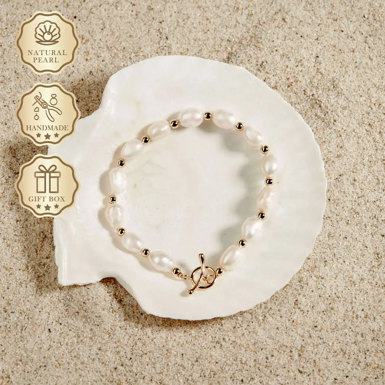

MYSOYA White Baroque Freshwater Pearl Bracelet 8–9mm with Gold Beads & OT Clasp, Gift Box, Birthday/Anniversary Gift