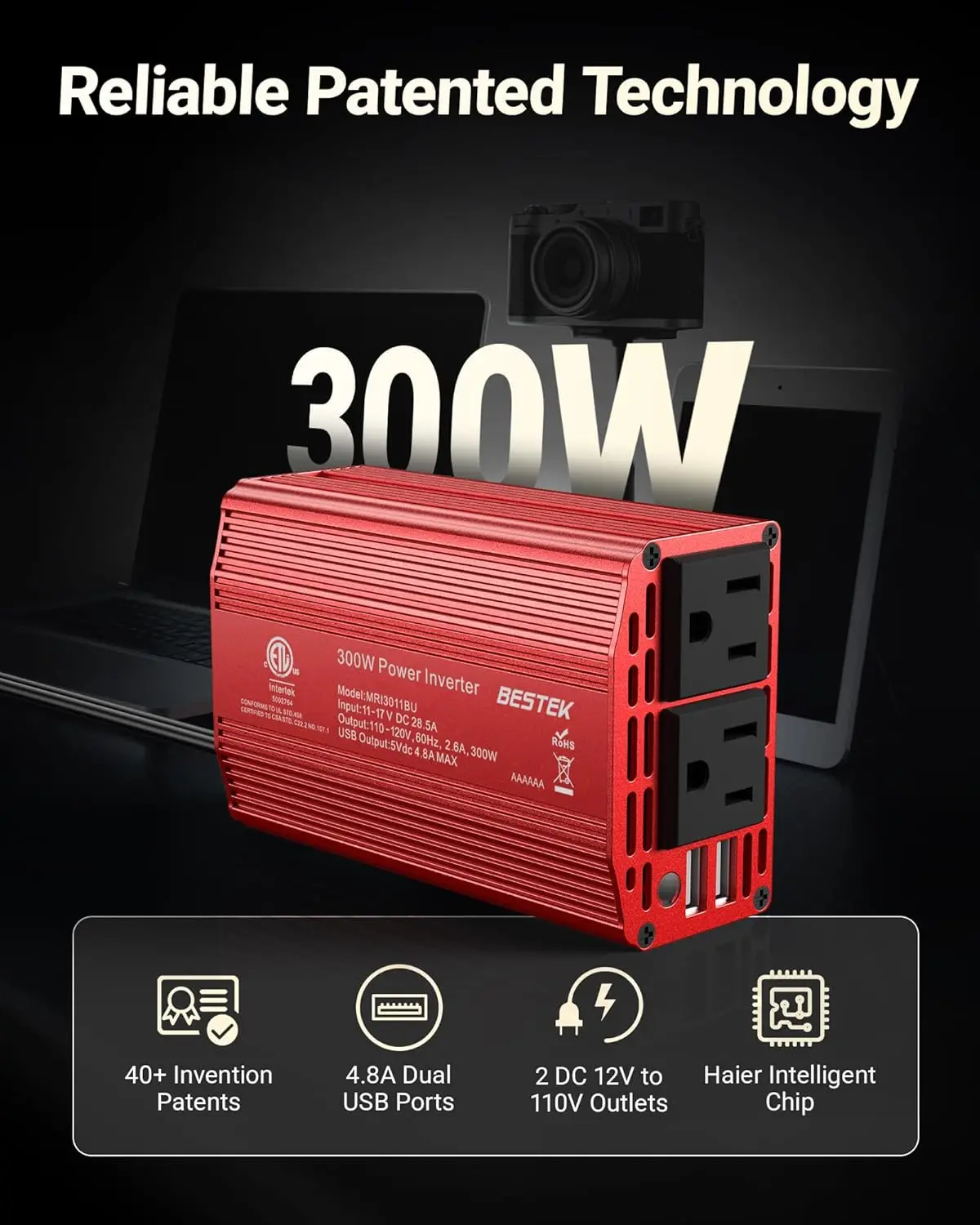 BESTEK Power Inverter DC 12V To AC 110V - 300W Car Plug Adapter Outlet With 4.8A Dual USB Fast Charging Port - Car Charger Cigar