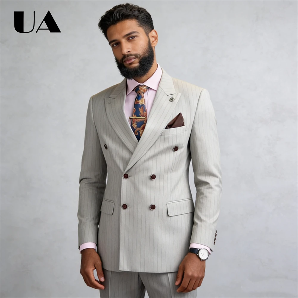 

Grey Stripe Suit Set Formal Business 2-Piece Suit Attire from XXS to 7XL, Double-Breasted Tailored Suit (Jacket Pants)