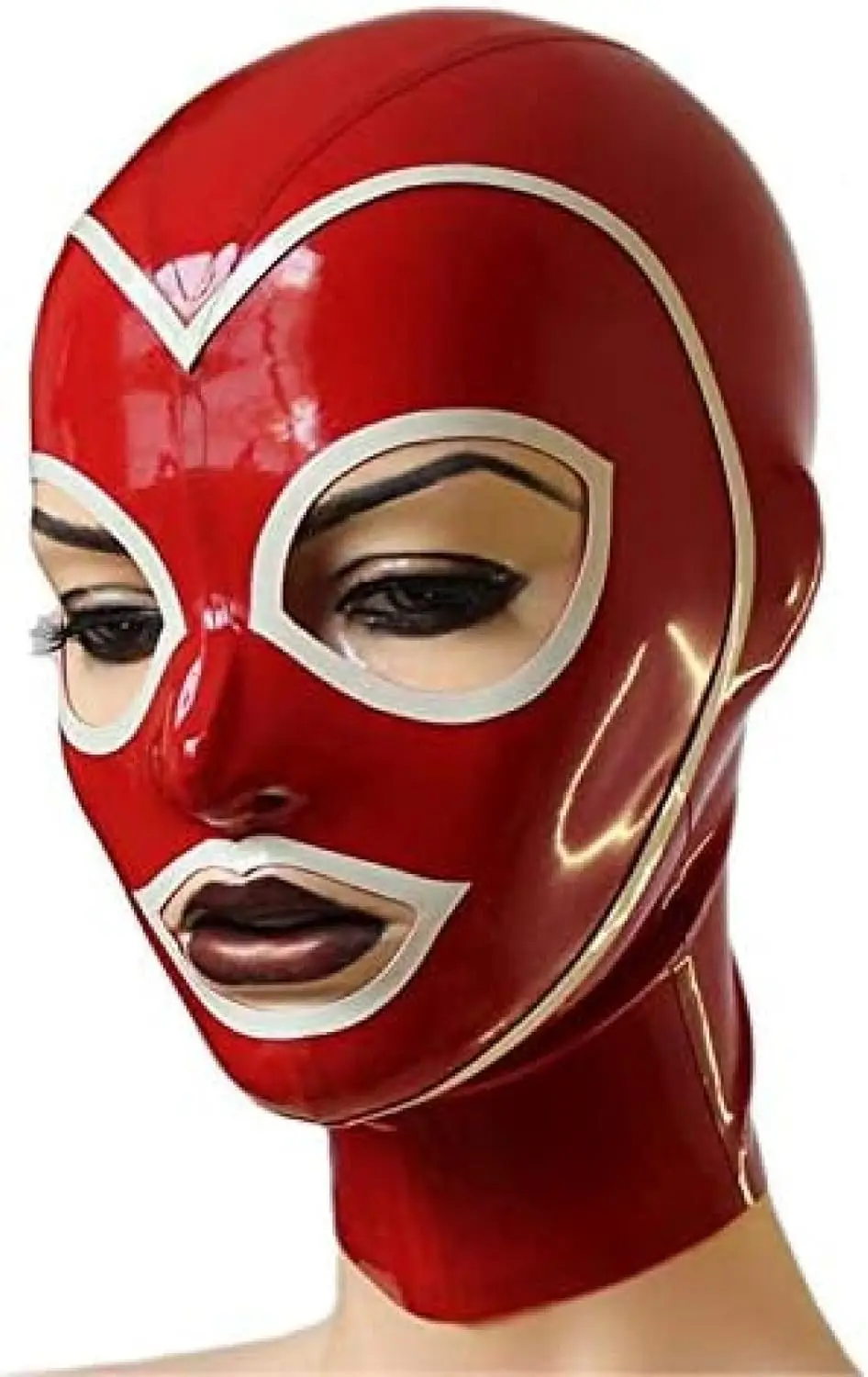 

Красный латексный капюшон с белыми полями на молнии сзади Резиновая маска с открытыми глазами