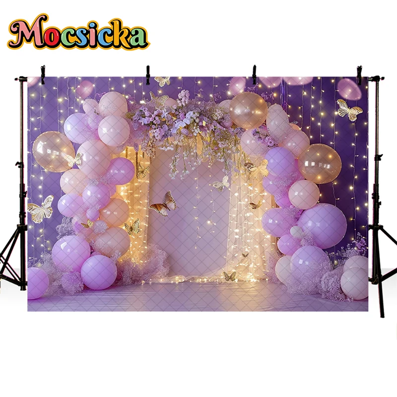 Mocsicka Photography Background Purple Arch Balloon Butterfly Glitter Girl Cake Smash Birthday Party Decor Backdrop Photo Studio