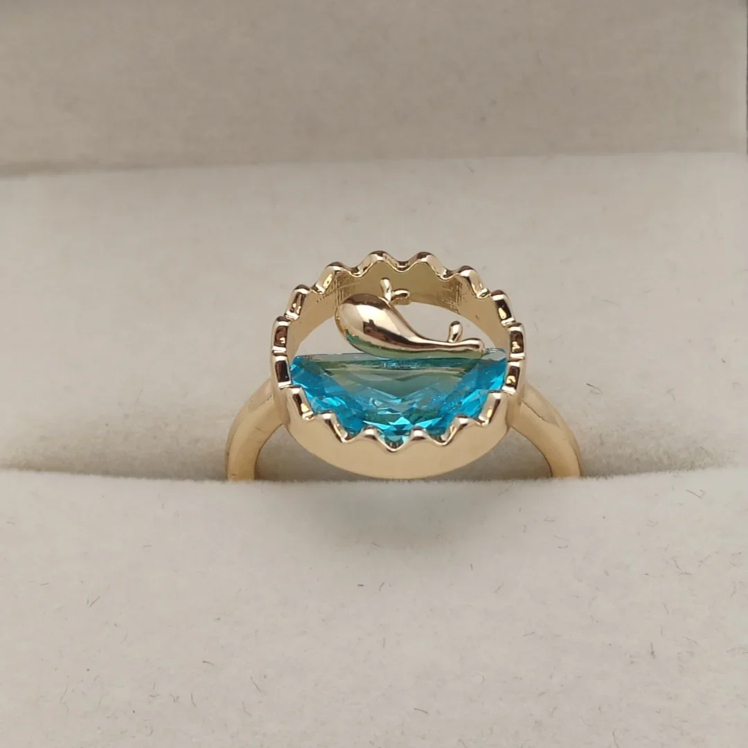 Sweet and Fashionable Blue Ocean Whale Crystal Zircon Ring with Micro Inlay and Open-ended Design