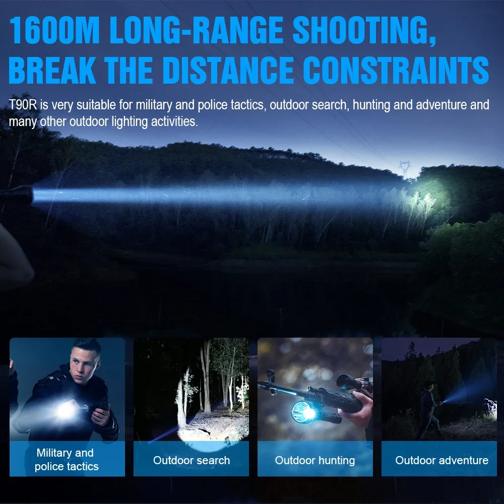 Trustfire T90R Tactical Powerful Flashlight 4800Lumens High Power Rechargeable Military Led Torch 1600M For Hunting Self-Defense