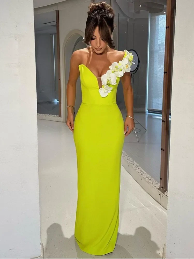 2024 New Neon Green Bandage Party Dress For Women Strapless V Neck Appliques Maxi Long Celebrity Evening Gala Gowns High Quality