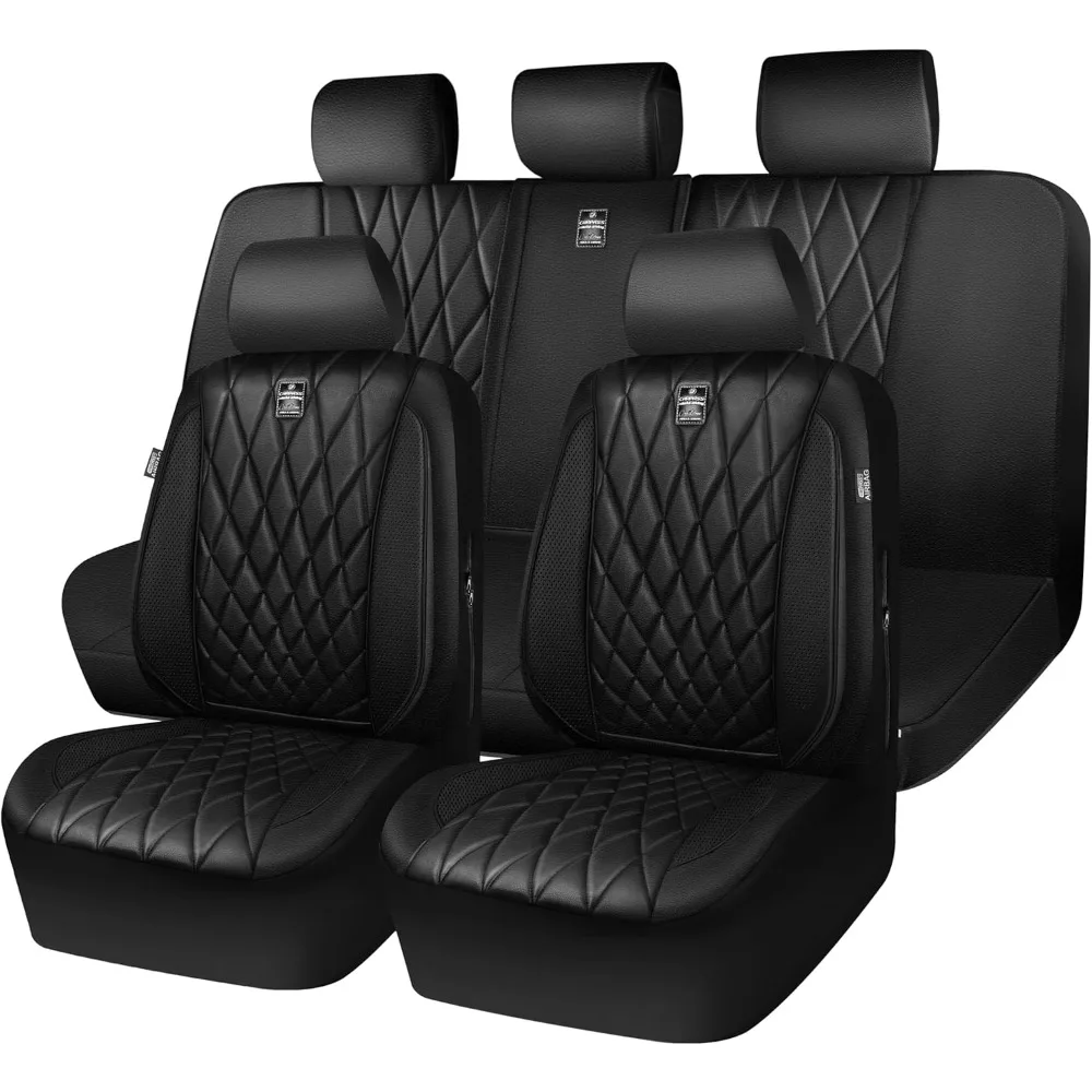

5 Seats Piping Luxury Faux Leather Seat Covers Full Set, Anti-Slip Waterproof Seat Covers Compatible with Front Armrests, Unive