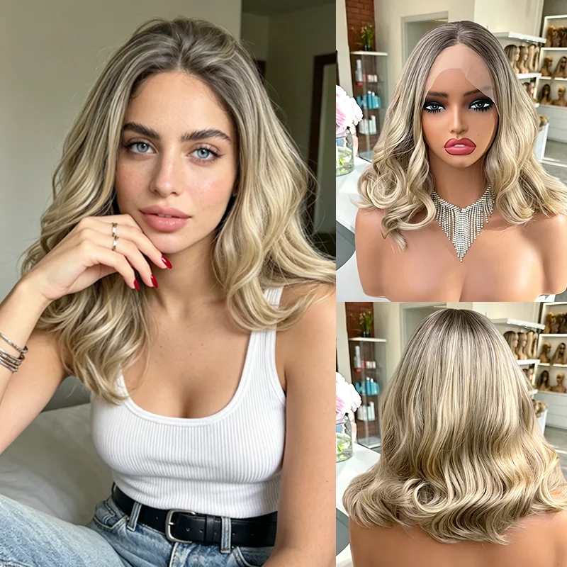 

Ash blonde wig lace front 13x4 HD Synthetic Hair Glueless with Natural Roots Loose Wave Short Bob Shoulder Wigs for Ladies Women