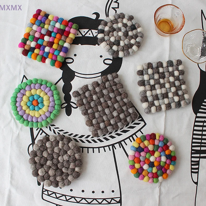 Colorful Round Felt Ball Coasters Handmade Wool Felt Coasters Placemats Insulated Placemats Pot Holders Kitchen Accessories