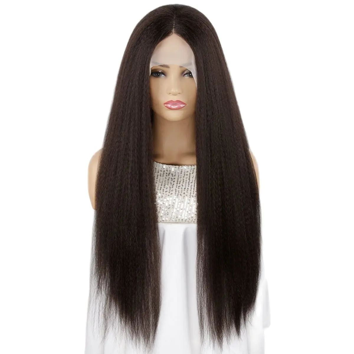 

BCHR T-Part Lace Yaki Straight Brown Lace Front Wig Natural Hairline Heat Resistant Synthetic Hair Wigs for Women