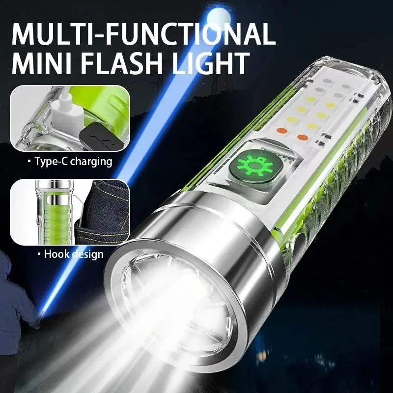 Multi-function Mini Keychain Flashlight Portable Fluorescent Torch Type-C Rechargeable With Magnetic Warning Camping Lantern