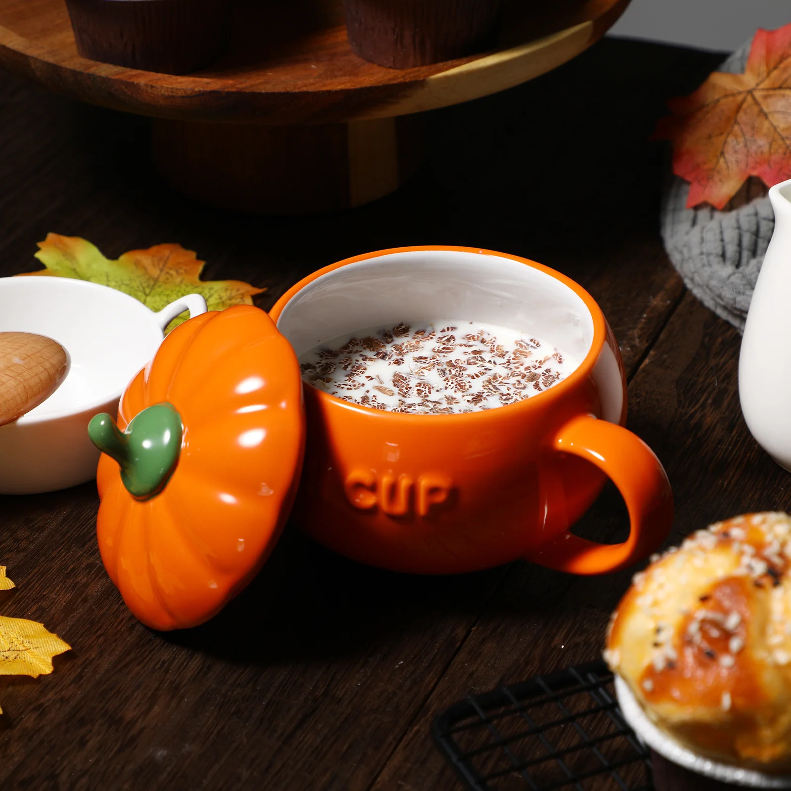 

Pumpkin Ceramic Coffee Cup 2 pc Halloween Milk Mug with Cover 13.5X10.5cm Oatmeal Bowl Seasoning Container