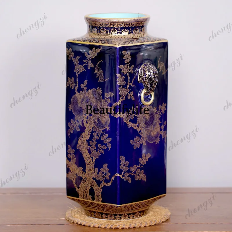 Ceramic Yongzheng antique Ji blue gold-painted pomegranate Duozi Duofu square inlay elephant ear vase ornament