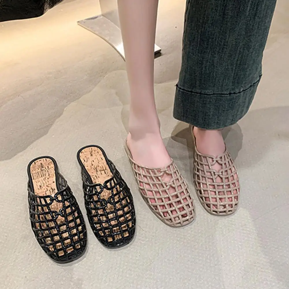 黒のファッション夏織り中空フラットヒールの女性の靴エレガントで快適なカジュアルドレスミュールサンダル