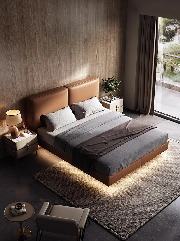 Leather suspension bed Italian minimalist master bedroom