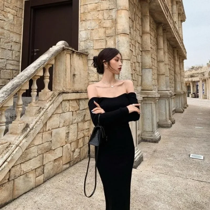 Sexy zwarte jurk zonder rug, elegante lange mouwen, off-shoulder gebreide jurk, elastische slanke lange banketverjaardagsjurk voor dames