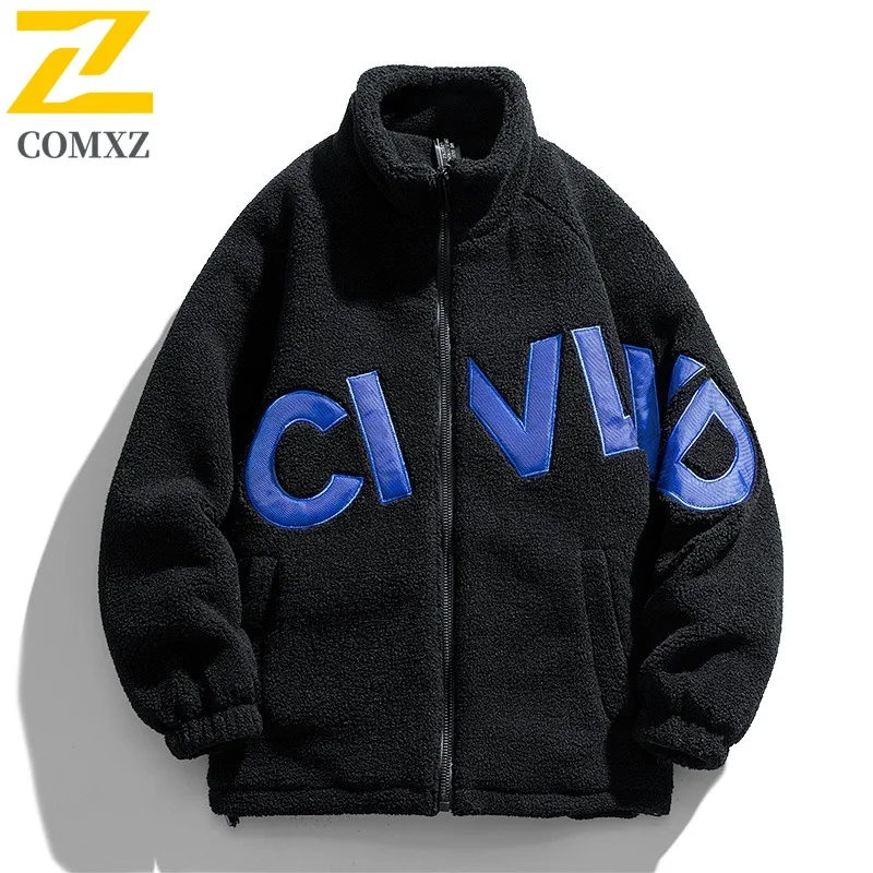 

COMXZ Мужская куртка из овечьей шерсти, повседневная куртка с буквенным дизайном, теплые мотоциклетные пальто для путешествий на открытом воздухе, с воротником-стойкой, дорожное ветрозащитное зимнее пальто