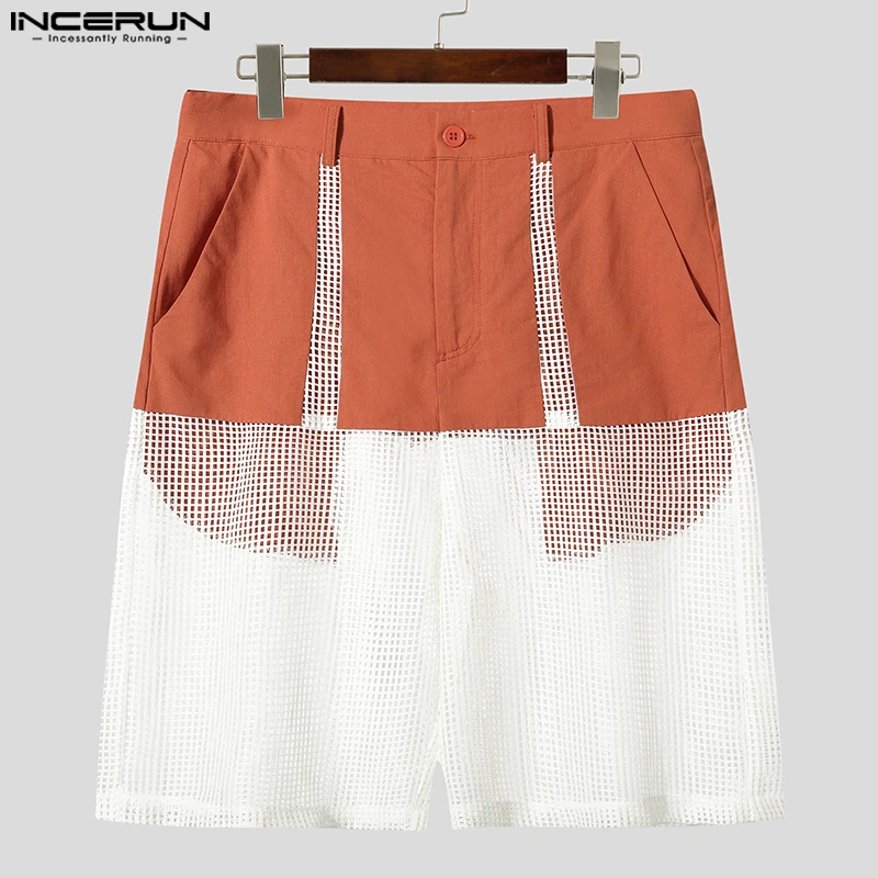 

INCERUN мужские шорты сетчатые лоскутные прозрачные пуговицы повседневные мужские штаны летняя уличная одежда 2025 свободные модные мужские шорты S-5XL
