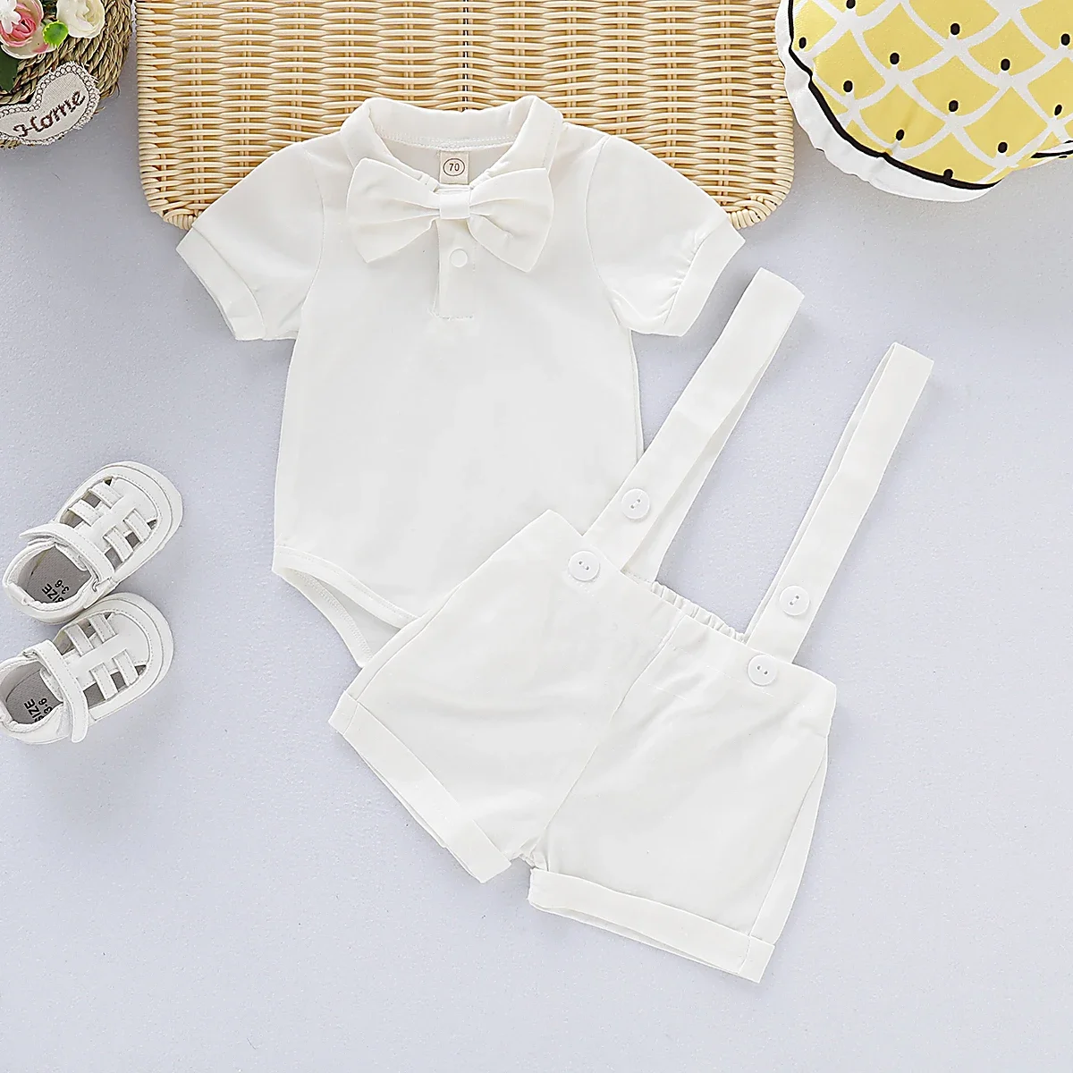 0-2 Years Baby Boy Mini Gentlemen Outfits Wedding Party Set Peter Pan Collar Cotton Romper+Suspender Shorts Summer 2PCS Suit