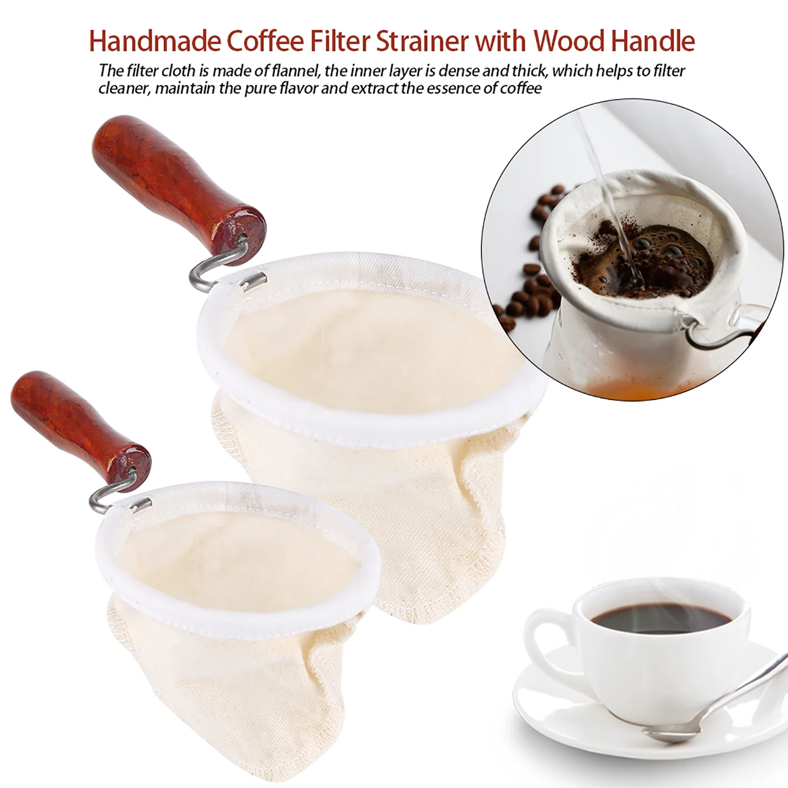 Cloth Coffee Filters Cloth Coffee Strainer Reusable Washable Flannel Cloth Handmade Coffee Filter Strainer with Wood Handle