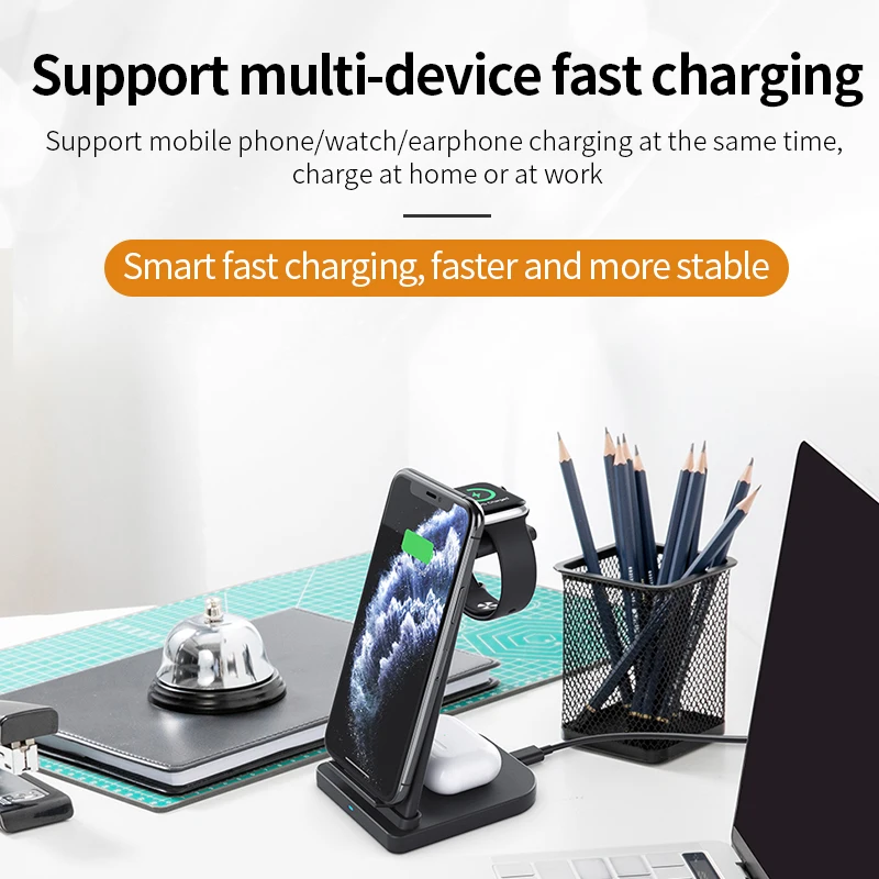 15W Wireless Charger Stand For IPhone 14 13 12 11 XR 8 Apple Watch 3 In 1 Qi Fast Charging Dock Station for Airpods Pro IWatch 7