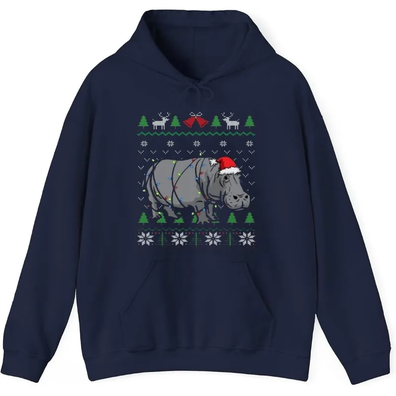 Süßes Nilpferd, hässliches Weihnachts-Sweatshirt, Nilpferd, Weihnachtsmütze, eingewickelt in Weihnachtsbeleuchtung, lustiges Geschenk für afrikanische Tierwelt, Nilpferd-Liebhaber