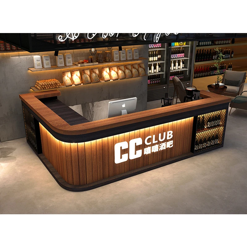 custom.Vintage Industrial Wood Counter Art Bar Table L-shape Cash Register Grill Restaurant Front Desk Reception
