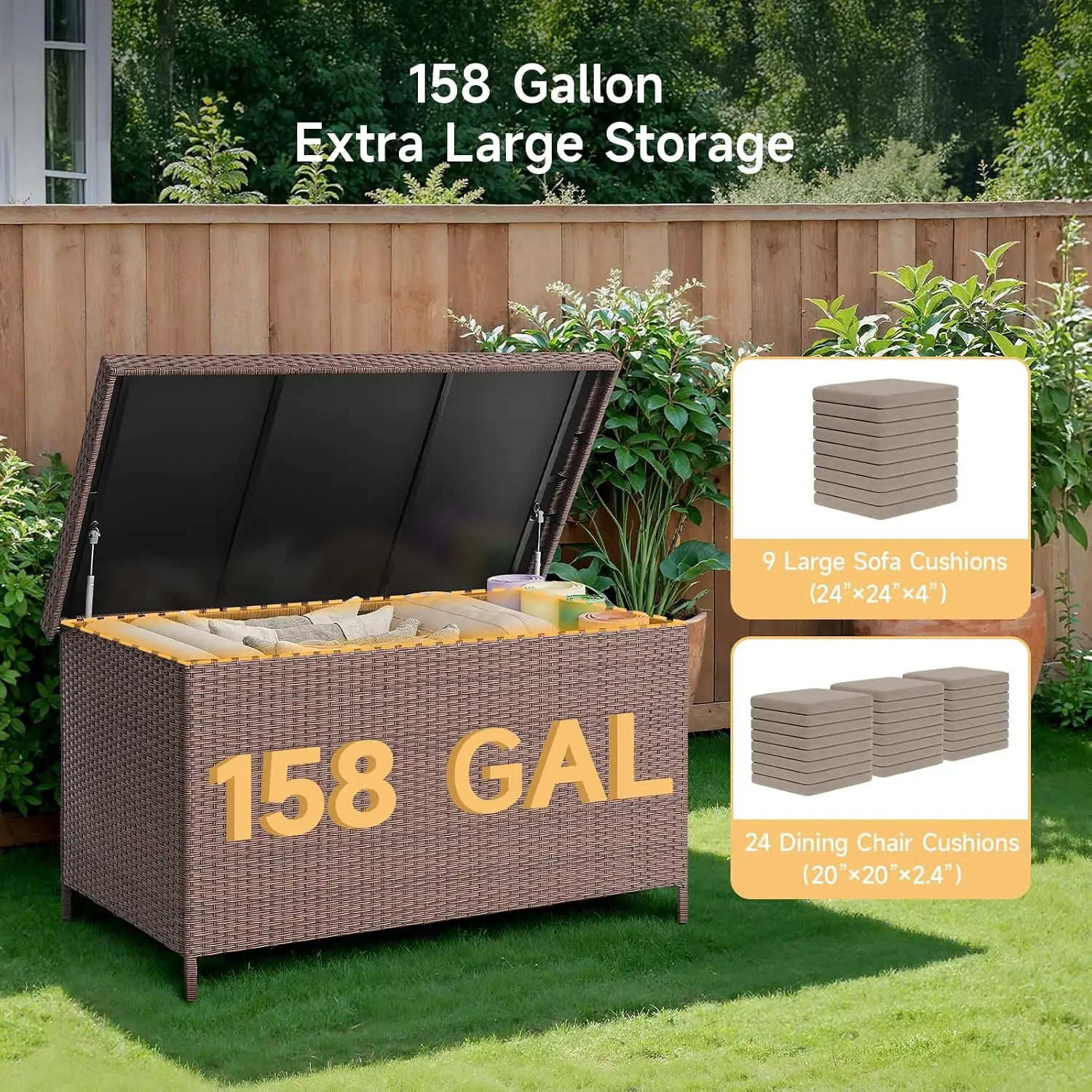158 Gallon XL Resin Deck Box Waterproof All Weather PE Wicker Rattan Outdoor Patio Storage Bin Box Container for Cushions Garden Tools Furniture Brown