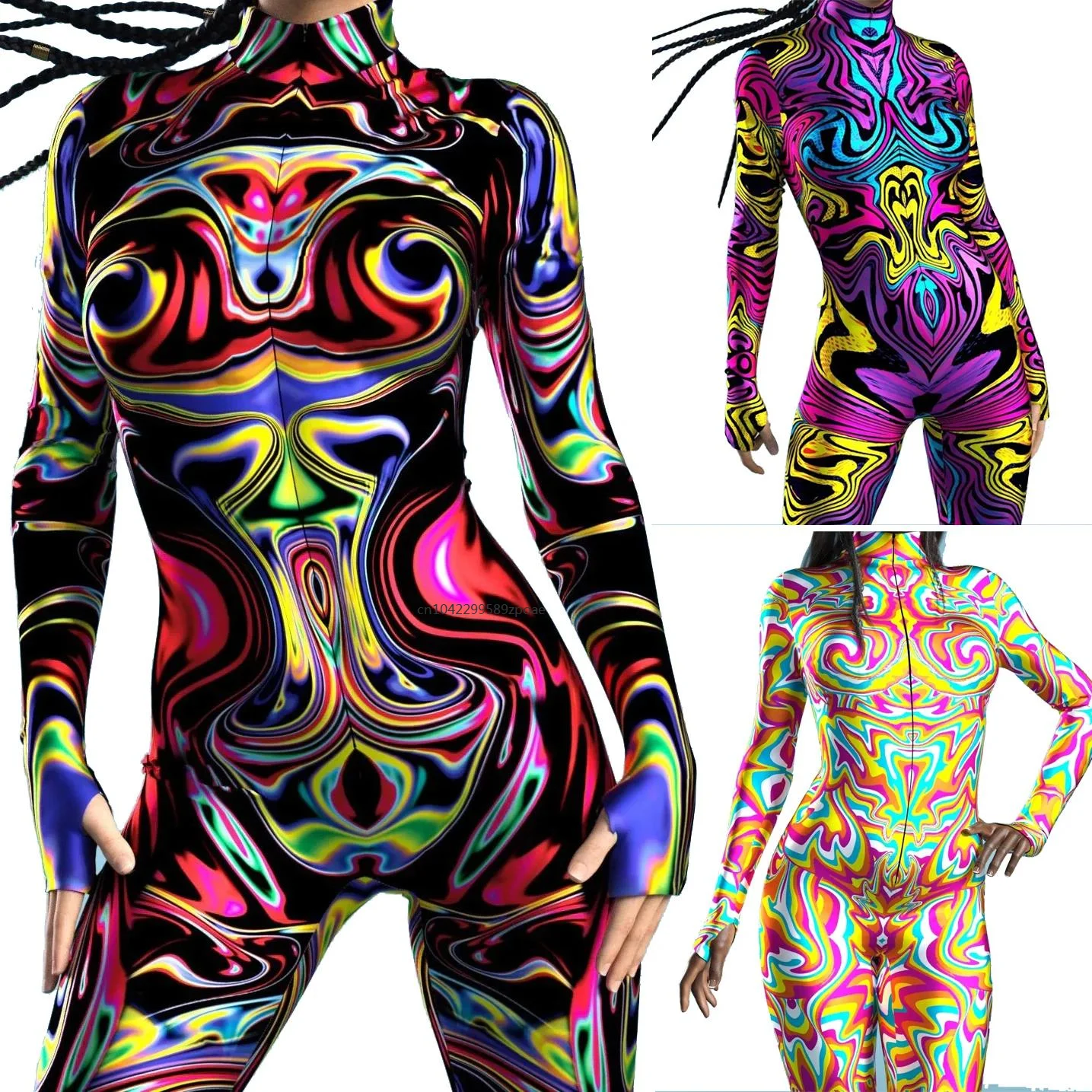 Colorful Rainbow Abstract Geometry 3D Print Women Sexy Skinny Jumpsuit Carnival Holiday Party Cosplay Costumes Fancy Bodysuit