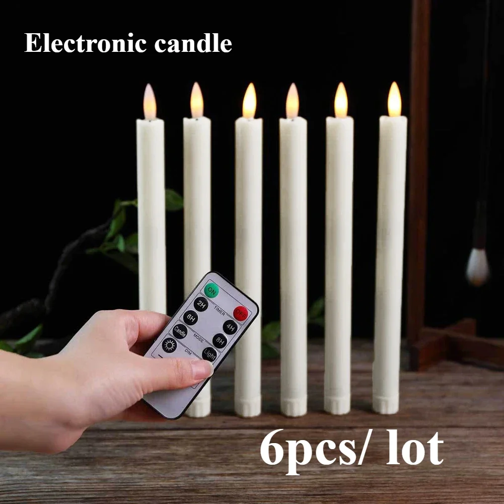 6Pcs/Set Long Candles LED Flickering Taper Candles Battery Powered Flameless Candles Timer Candle with 10-Key Remote for Wedding