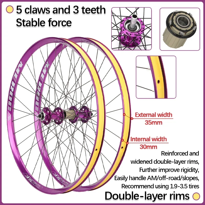 MTB Wheelset 27.5 26 Inch Mountain Bike Wheel 32 Holes Disc Brake Bicycle Wheel AM Thru Axle 15x100 12x142 QR Purple Rims 26