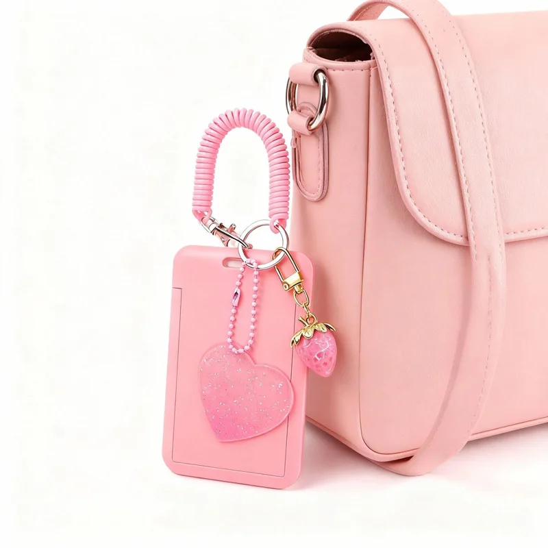 

Блестящий градиентный держатель для карт в форме сердца с брелоком-подвеской в виде клубники для проездных карт и студенческих удостоверений