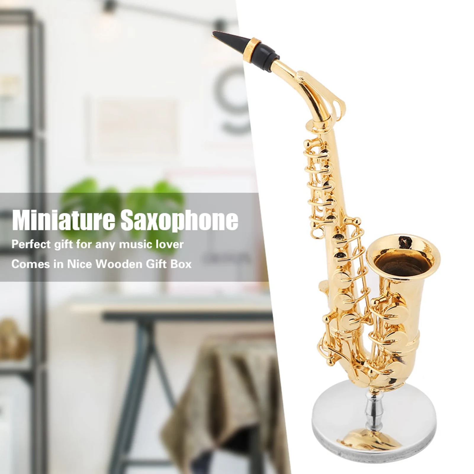 E5 Miniature Alto Saxophone Replica with Stand Case Gold Plated Instrument Model Ornaments Home Room Decor Saxophone Decoration