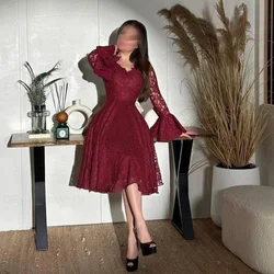 Burgundy V-Neck Formal Occasion Dresses 2024 Long Sleeves A-line Short Ball Gowns Lace Sexy Evening Party Gown فساتين الحفلات