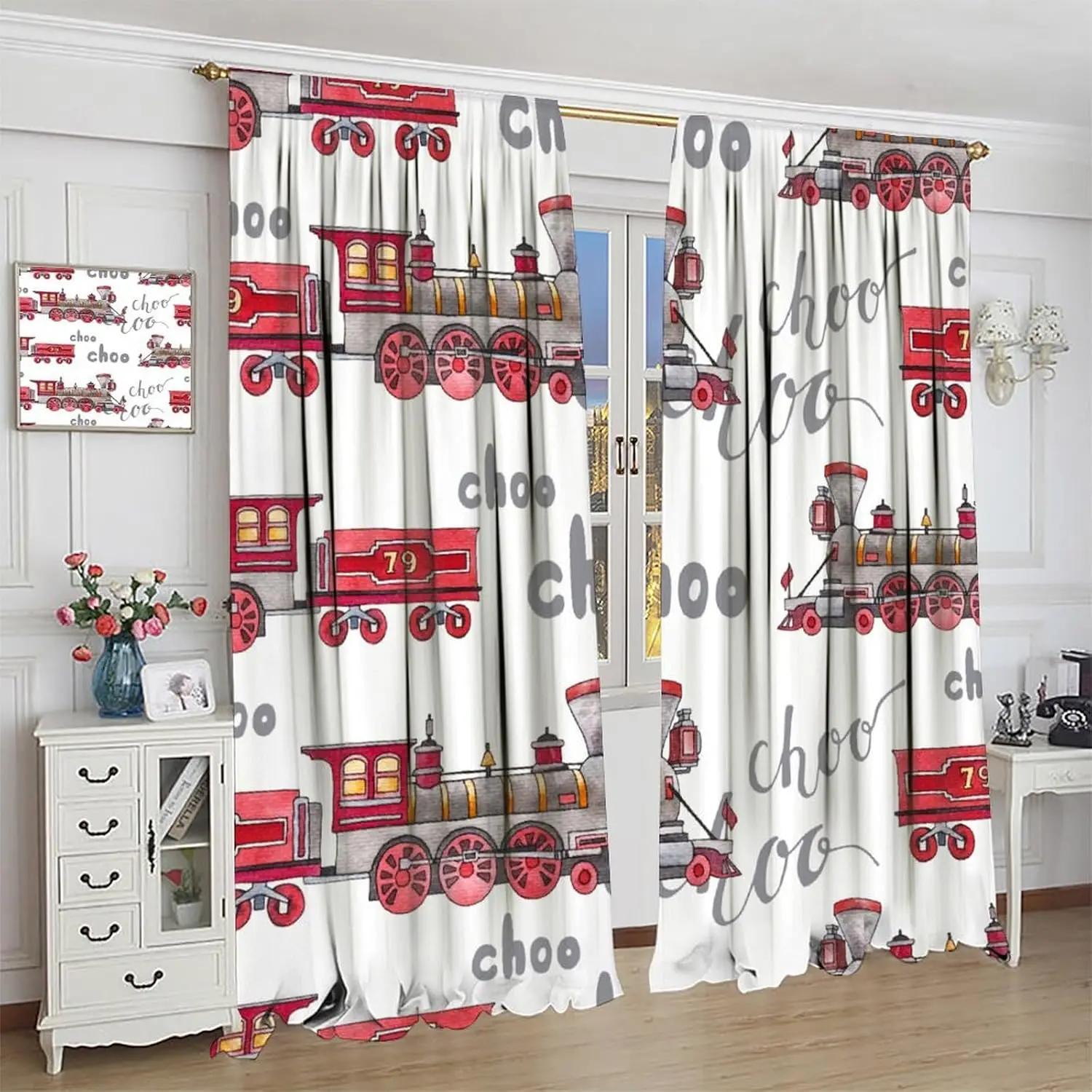 Cartoon Car Kids Train Curtains, Choo Choo Railroads Tracks Train Construction Window Treatments for Bedroom Living Room