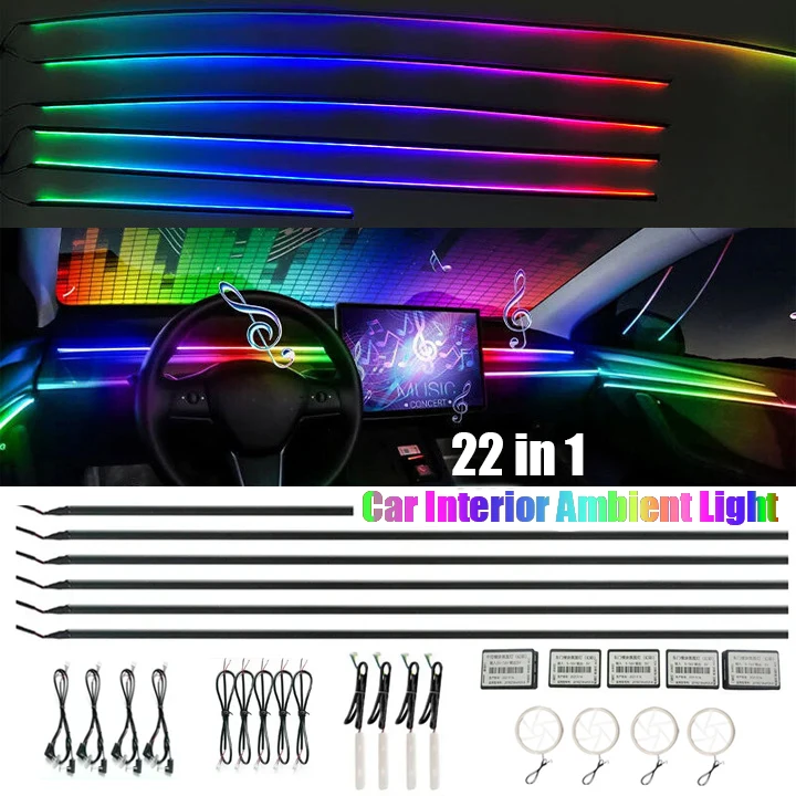 22 in 1 Symphony Car Ambient Lights RGB APP Control Interior Speaker Acrylic Guide Fiber Optic Decoration Atmosphere Universal