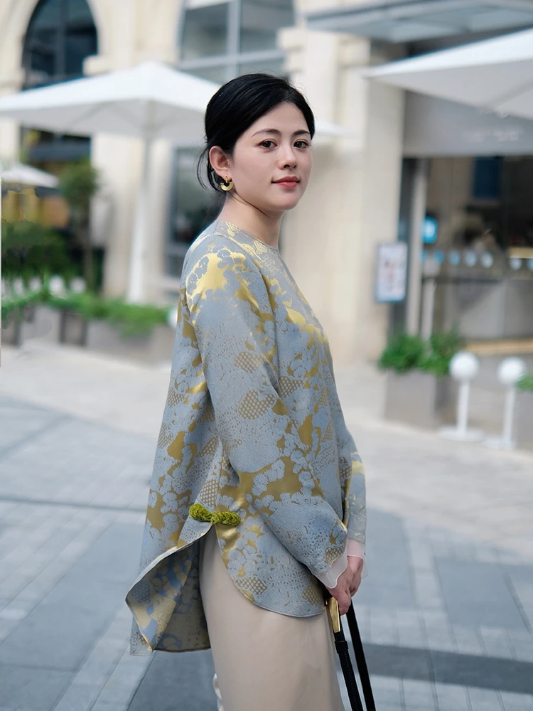 

Шелковый жакет из жоржета с круглым вырезом и пуговицами в виде цветка, оригинальный китайский дизайн, длинный рукав, женская осенняя мода