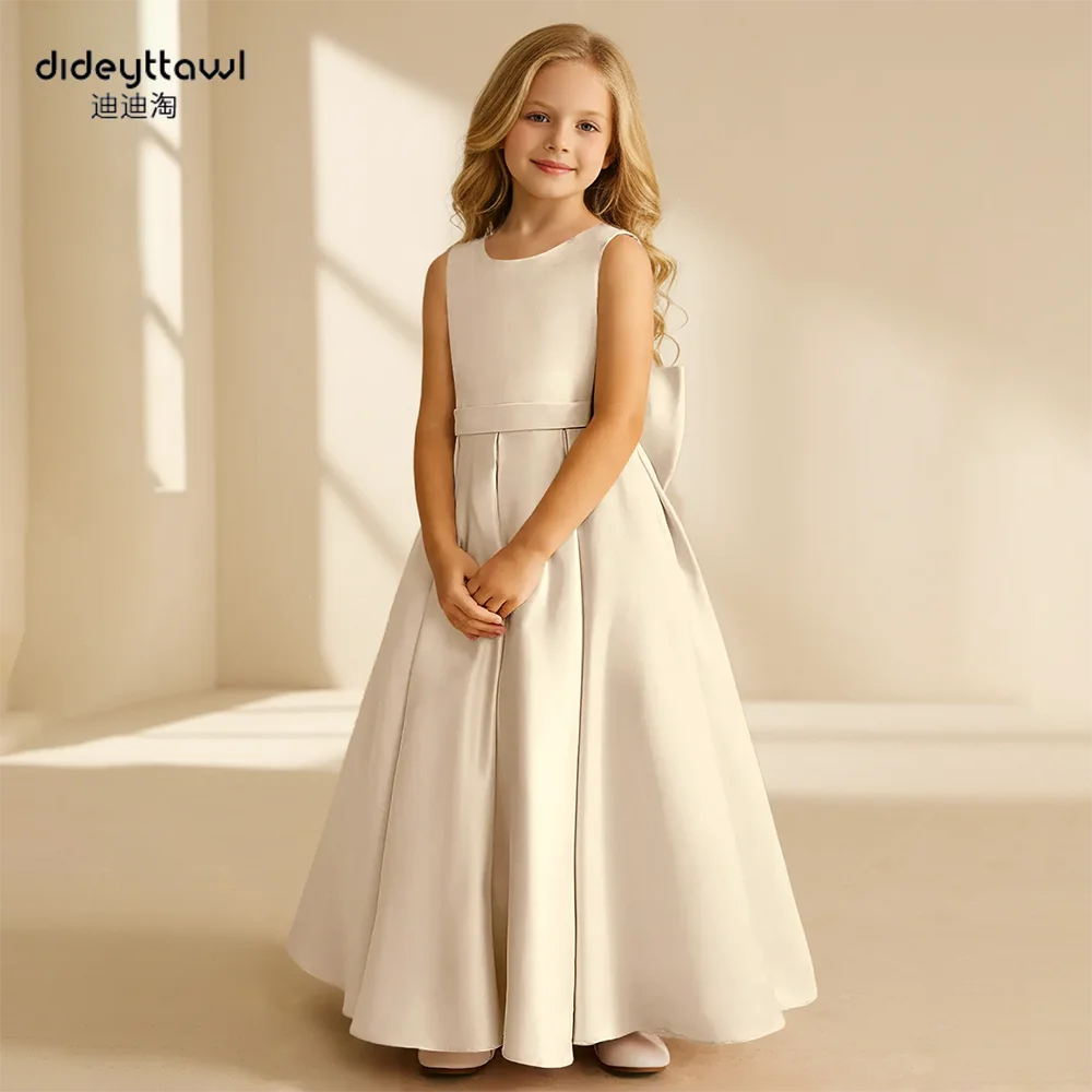 

Dideyttawl атласное платье трапециевидной формы без рукавов длиной до пола, с большим бантом и открытой спиной, элегантное платье с цветочным узором для девочек, Vestidos De Novia