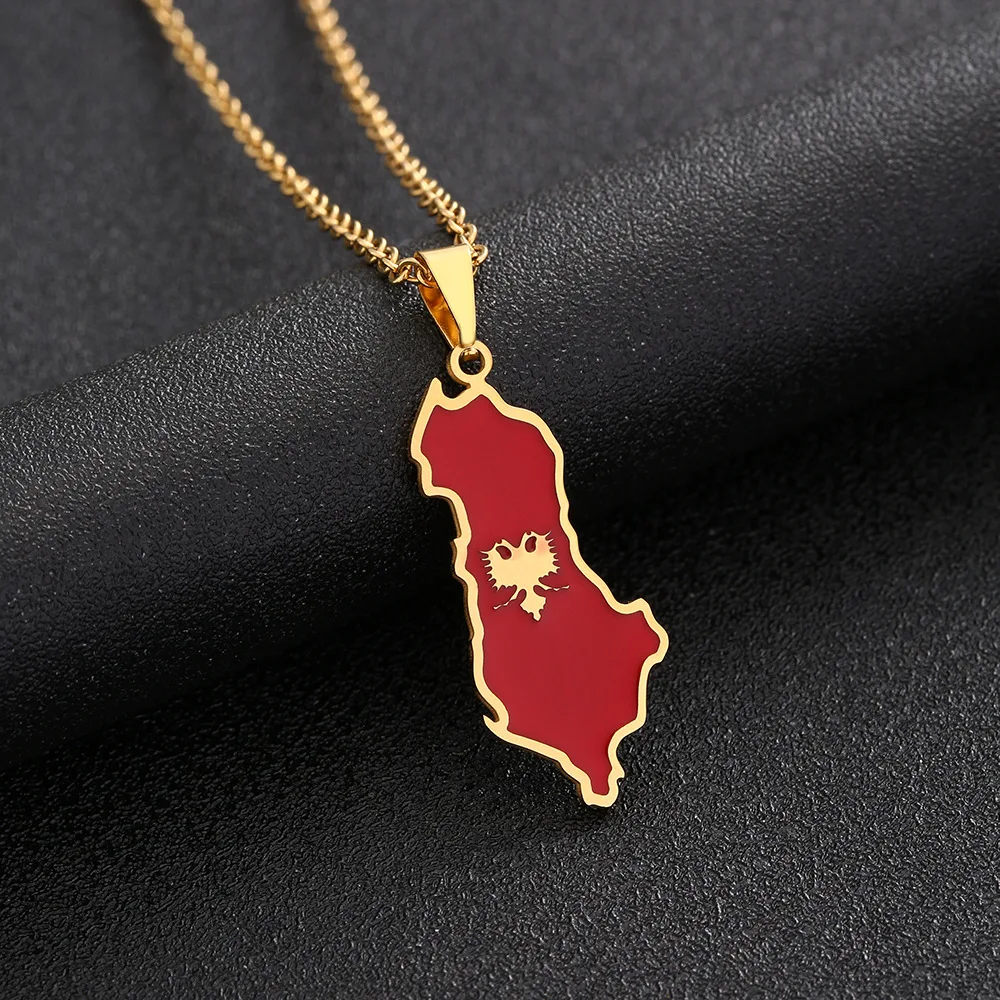 Trendy jewelry design sense Albania map stainless steel necklace men and women couple sweater chain cross-border accessories