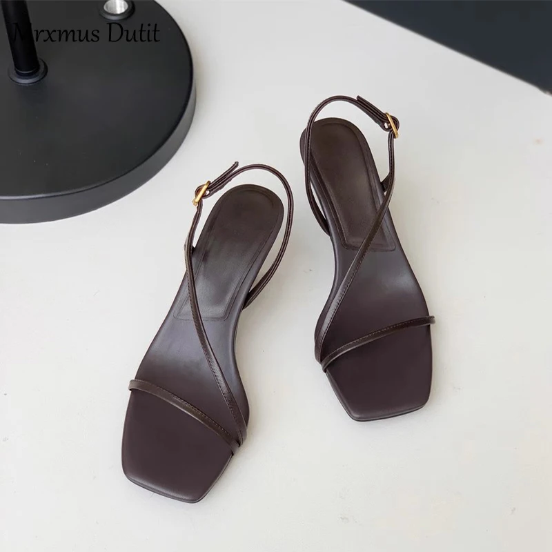 Mrxmus Dutit 2023 Summer Fashion Genuine Leather One Word Belt Stiletto High Heel Shoes Women Solid Simple Casual Sandal Female