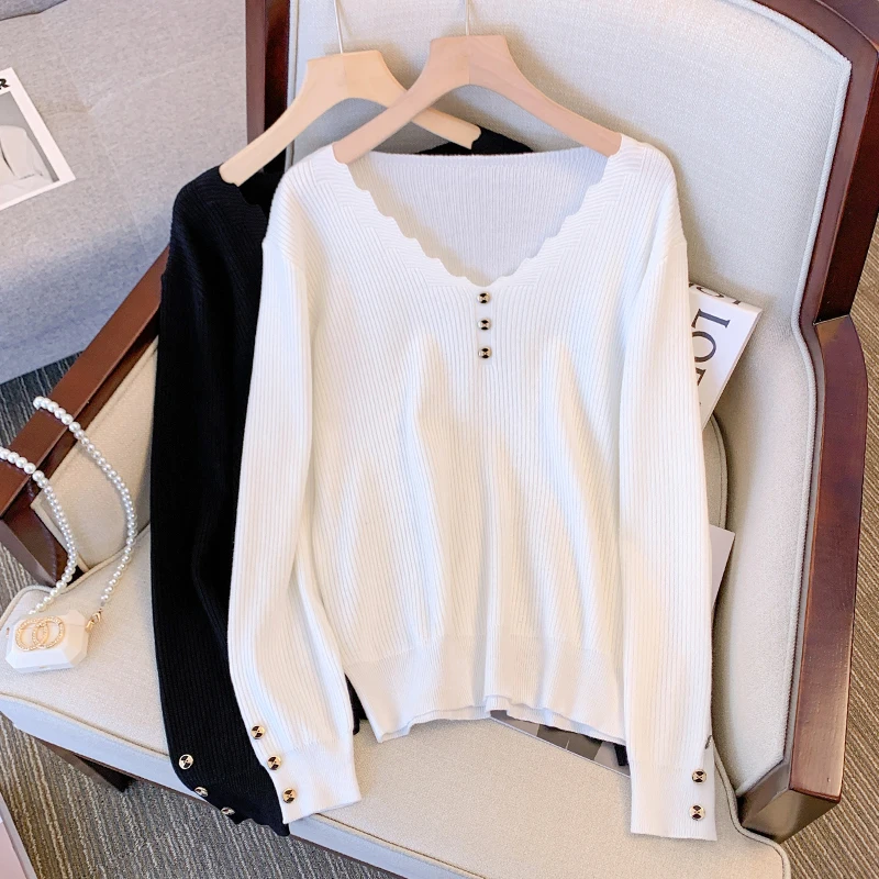 2022 New Oversized Sweater Women V-Neck solid color simple Knitted pullove Long sleeve Button Casual Loose soft Women clothing