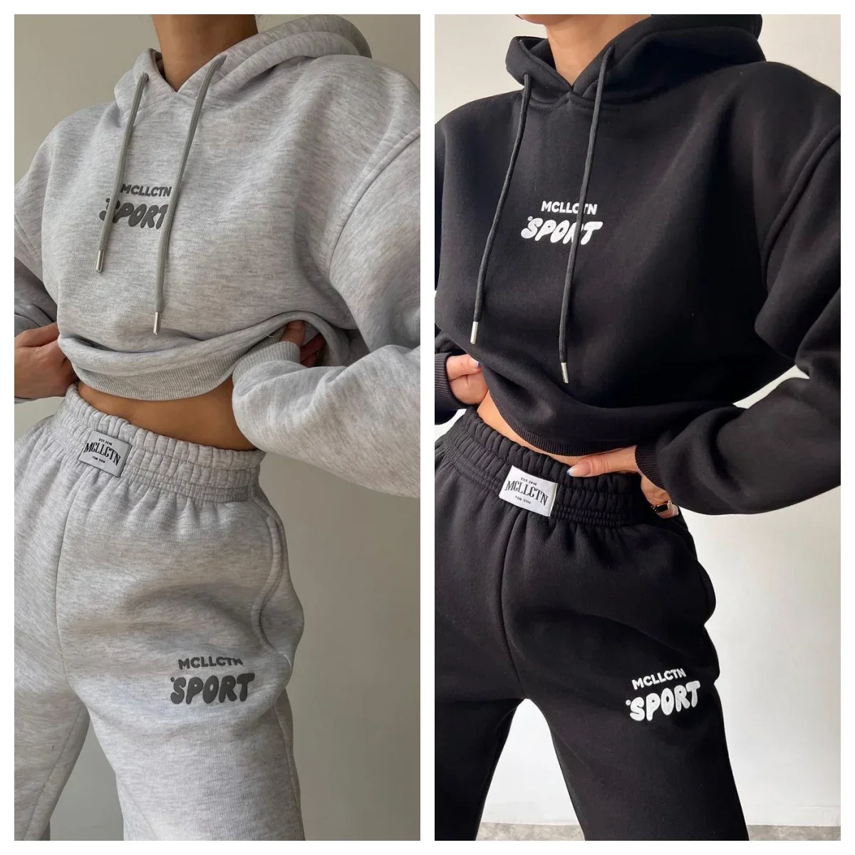 Winter Casual Loose Hooded Sets Women Solid Long Sleeve Letter Print Hoodie And Pocket Trousers Two-Piece Set Warm Suit