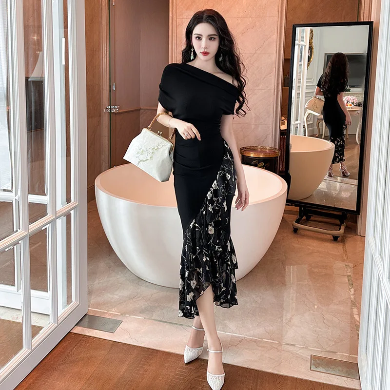 

Coigarsam Women's Dress 2024 Summer New French Style Sexy Solid Print Slash Neck Zipper High Waist Black Flower Dresses