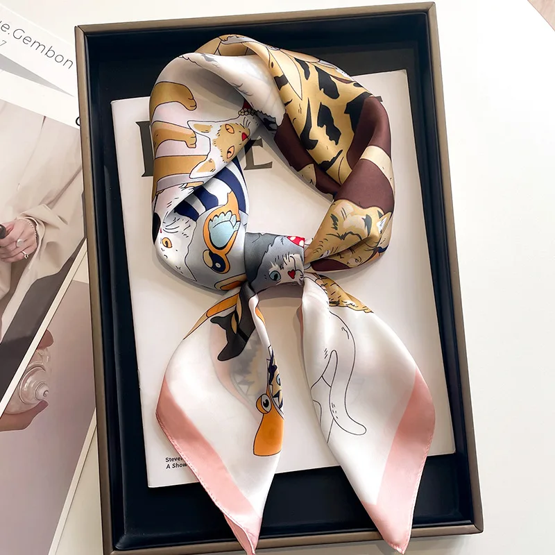 Cute Cat Print Silk Square Scarf Women Luxury Design 70*70cm Soft Satin Hairband Neckerchief Office Hijab Headband Foulard Gift