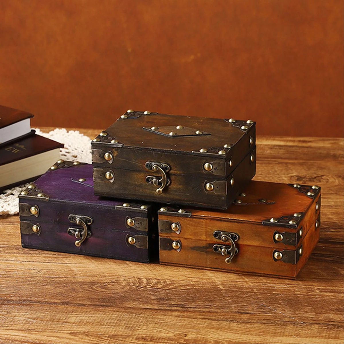 صندوق تخزين خشبي، حقيبة أمتعة مزخرفة عتيقة محمولة، صندوق تذكارات للهدايا، صندوق تخزين الصدر للديكور #2
