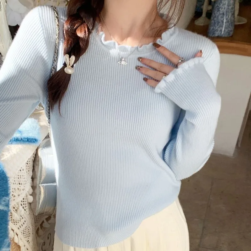 Sweater Pullovers Women Edible Tree Fungus Autumn Fashion Stretchy Korean Style Knitting Simple Long Sleeve Solid All-match New