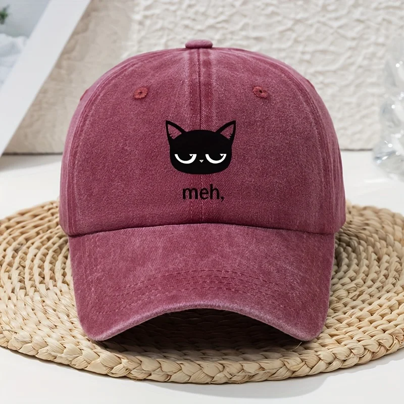 Cartoon black cat print vintage washed baseball cap, unisex dad cap, soft top washed duckbill cap, outdoor image 4
